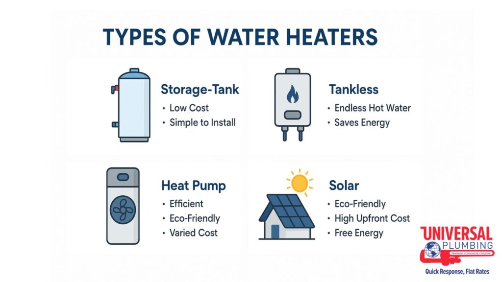 Grid showing four water heater types: tank, tankless, heat pump, and solar